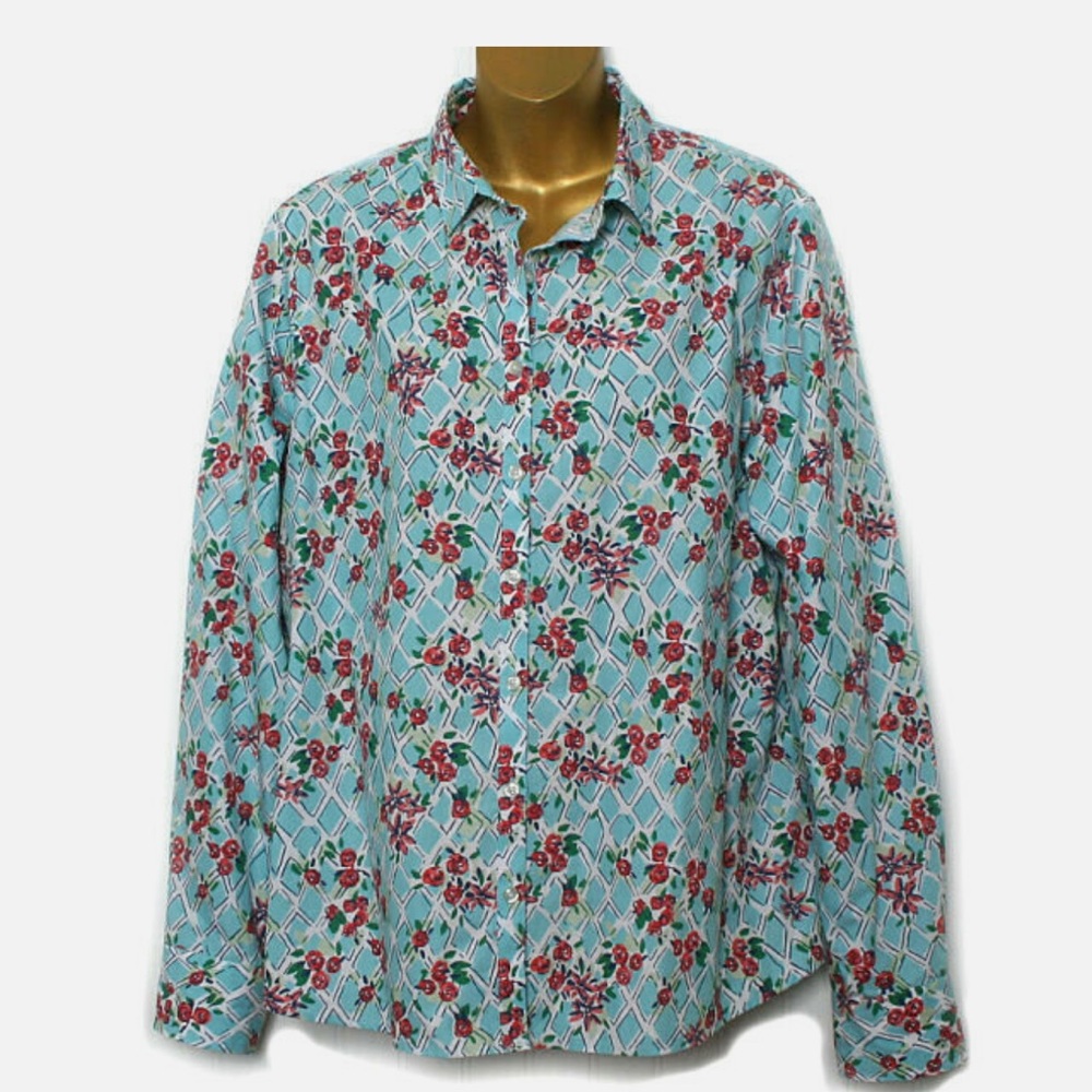 Lands End Floral Patterned buttoned Blouse size L no iron supima cotton